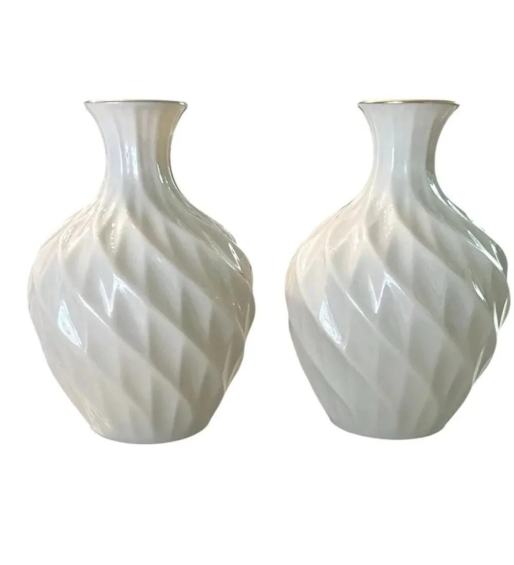 Vintage Lenox Richmond 2 Swirl Bud Vases Ivory Bone China With 24k Gold Trim USA